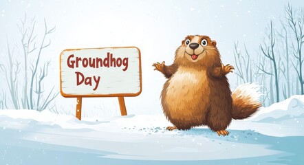 A cute groundhog stands next to the words "Groundhog Day" on a snowy background with trees, cartoon style illustration. The design is simple, with a white background and contrasting colors
