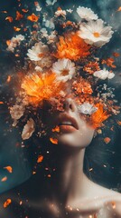A woman's face with her eyes closed, surrounded by a vibrant and colorful explosion of flowers.