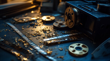 Vintage film camera surrounded by film reels and shavings in a dimly lit workshop setting