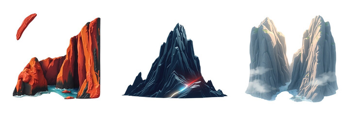 Set of a red , white and black rock formations isolated on transparent background