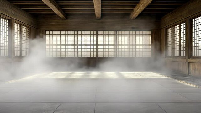 Calm and serene empty dojo space with sunlight filtering through windows and mist rising from the floor during early morning