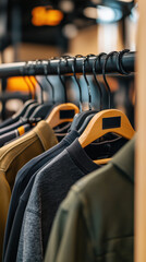 Clothing store with neatly arranged shirts on wooden hangers in modern setting