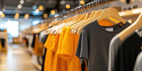 Clothing store with neatly arranged shirts on wooden hangers in modern interior
