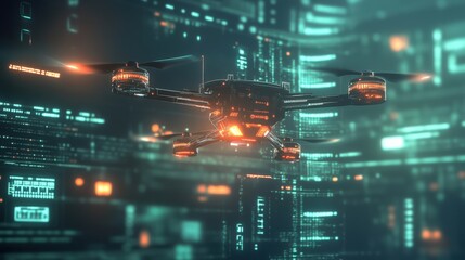 Fototapeta premium A drone is flying in a cityscape with a futuristic feel