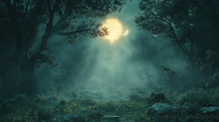 Obraz premium Enchanted Forest with Sunlight Breaking Through Mist and Trees Creating a Magical Atmosphere in a Lush Green Landscape