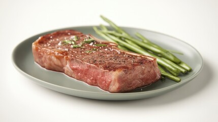Fototapeta premium A grilled steak served on a white plate, accompanied by green beans.