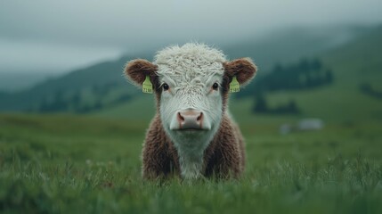 Obraz premium Young calf in grassy mountain pasture, foggy background; agriculture imagery