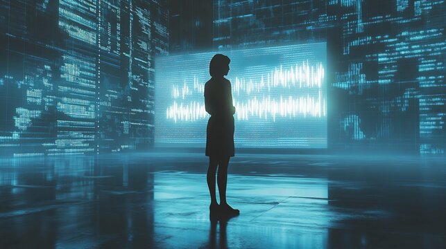 Silhouette of person standing in a futuristic room with glowing data displays