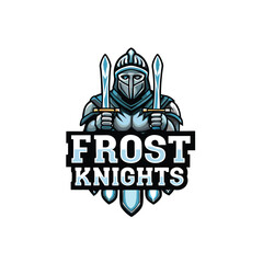 A majestic medieval knight, clad in frost-covered armor, wielding a gleaming, icy weapon.  Depict a chilling winter scene.