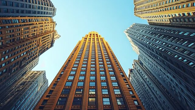 Reaching for the Sky: A towering skyscraper pierces the bright blue sky, surrounded by equally impressive structures. The angle captures the sheer scale and ambition of modern architecture.