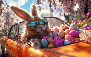 Cool Easter Bunny in Sunglasses Driving a Vintage Car Filled with Colorful Easter Eggs and Flowers in a Springtime Scene  
