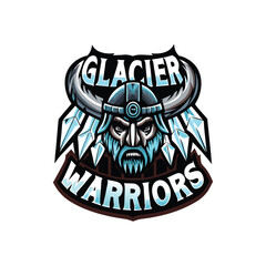 A fierce Viking-inspired warrior, ice-clad and wielding a weapon, stands amidst a glacial landscape.  Image  