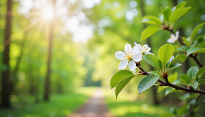 Elegant branch with blooming flowers in tranquil forest, Spring growth