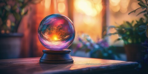 Crystal Ball Reflecting Sunset Hues on Wooden Table