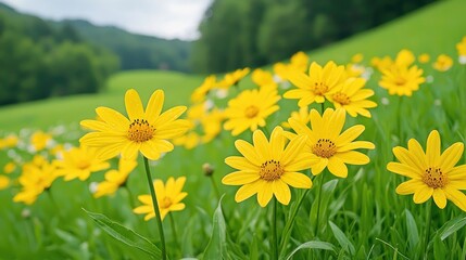 Fototapeta premium Yellow wildflowers bloom in a green meadow, hills in background; nature scene for calendar