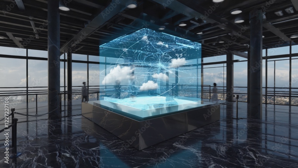 Poster futuristic glass cube displaying cloud computing network and data storage, symbolizing technological