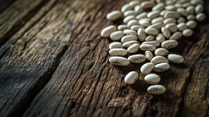 Obraz premium White Beans Scattered on Rustic Wooden Surface