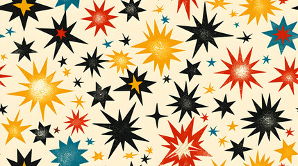 A colorful pattern of stars in various shapes and sizes on a light background.