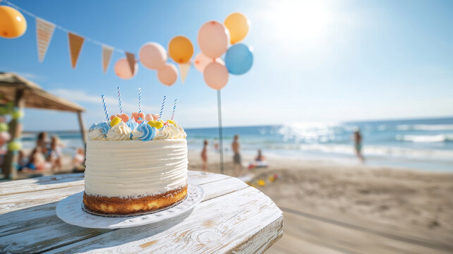 beautiful beach birthday setup featuring cake with colorful decorations, balloons, and festive atmosphere
