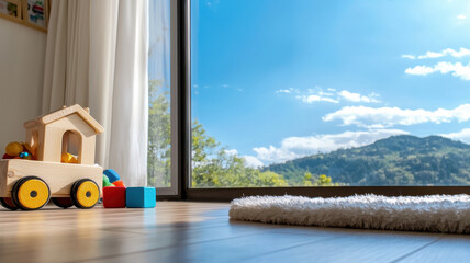 Fototapeta premium bright and cheerful room featuring wooden toy train, colorful blocks, and scenic view