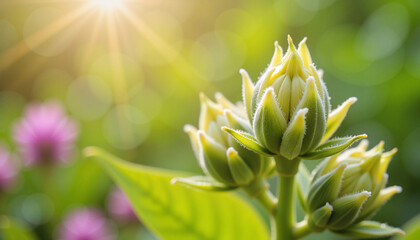 Obraz premium Budding flowers glowing in morning sunlight, freshness and renewal
