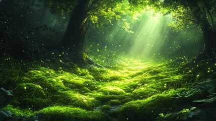 Enchanted Forest with Sunlight Streaming Through Trees and Illuminating Lush Green Underbrush