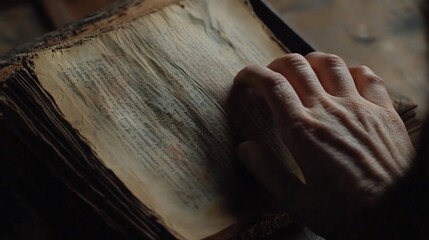 Obraz premium Close-up of an old book with aged and stained pages being held open by a hand