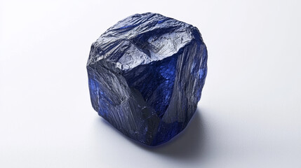 Deep blue, rough-hewn crystal cube; intense color, faceted texture.
