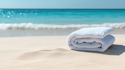 A white towel is laying on the sand at the beach