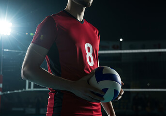 A Volleyball Player Ready for the Game Night, Holding the Ball Tight, Focused and Determined Athlete in Red Jersey