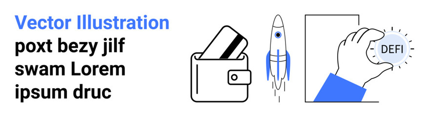 Digital wallet with cards, rocket launch icon, and hand holding DEFI token. Ideal for cryptocurrency, blockchain technology, startups, finance, fintech investments and innovation. Landing page