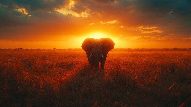 Majestic Elephant Silhouette at Sunset in African Savanna Wildlife