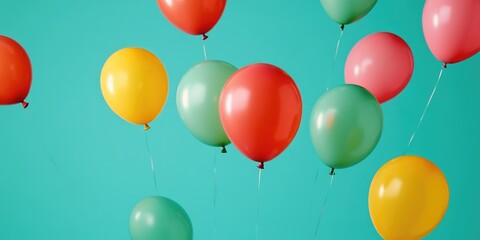 A bunch of colorful balloons floating in the air. The balloons are in various colors, including red, yellow, and green. Concept of joy and celebration