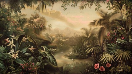 Naklejka premium A tropical paradise with cascading waterfalls, rocky cliffs, vibrant foliage, colorful flowers, palm trees, and misty mountains, all illuminated by a warm golden sunset.