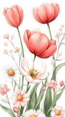 Fototapeta premium Watercolor painting of pink and white tulips and daisies.