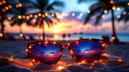 Sunglasses resting on a sandy beach at sunset reflect a vibrant tropical scene, illuminated by fairy lights strung along palm trees, creating a romantic and idyllic vacation atmosphere.