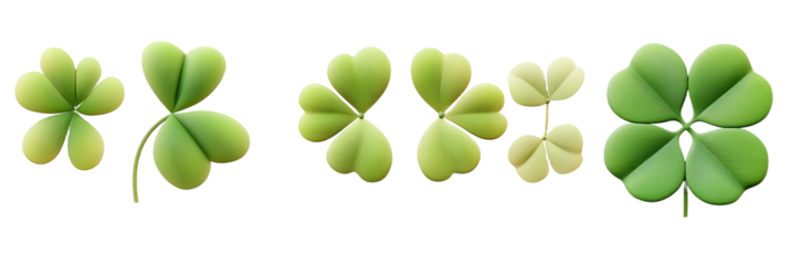 PNG clover leaf 3d icons and objects collection, in cartoon style minimal on transparent, white background, isolate