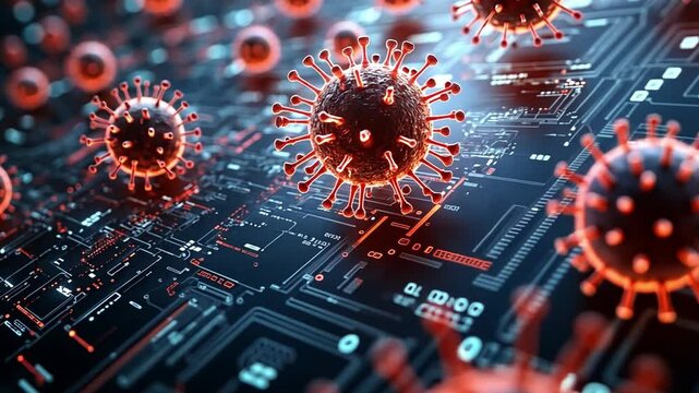 A close-up view of digital virus particles on a circuit board background illustrating technology - Powered by Adobe
