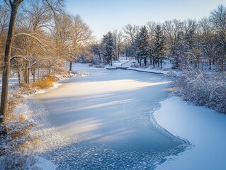 Obraz premium A frozen river with snow on the trees. The water is frozen and the trees are bare. The sky is blue and the sun is shining