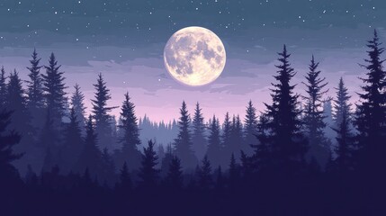 Full Moon Over Silhouetted Pine Forest At Night