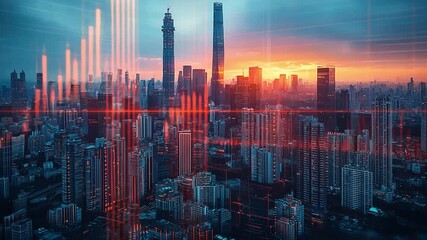 Urban Skyline at Sunset: A breathtaking panoramic view of a vibrant city skyline at sunset, with dramatic red and orange hues illuminating the skyscrapers and modern architecture. - Powered by Adobe