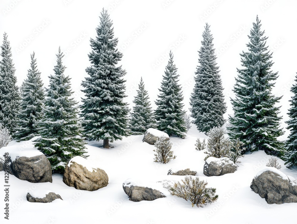 Poster a snowy landscape with a forest of pine trees and rocks. the trees are covered in snow and the rocks