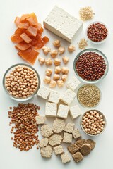 Fototapeta premium A variety of nuts and seeds are displayed in bowls on a white background. The bowls are arranged in a way that creates a sense of abundance and variety. The image conveys a feeling of health