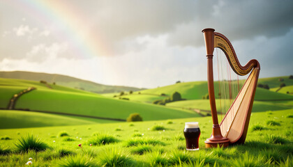 Harp beside dark stout in rolling Irish hills with rainbow, Irish culture