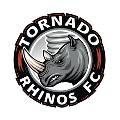 A powerful rhino, emblem of Rhinos FC, charges through a swirling text tornado.  Dynamic, impactful sports team logo design.