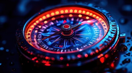 Illuminated compass with vibrant colors and water droplets.