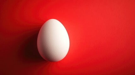 Fototapeta premium A white egg is sitting on a red background. The egg is the main focus of the image, and it is the only object in the scene. The red background creates a warm and inviting atmosphere