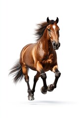 Obraz premium A brown horse is running on a white background. The horse has a long mane and tail, and its legs are spread out. Concept of freedom and energy, as the horse appears to be in motion and enjoying itself