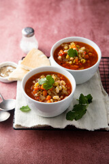 Homemade lentil soup with tomatoes