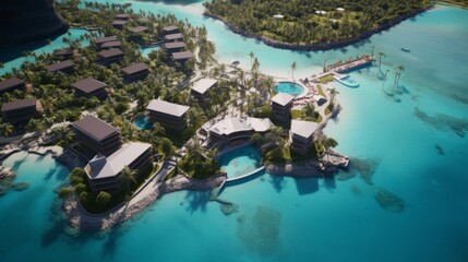 Resort complex nestled in tropical paradise featuring lush greenery and crystal-clear waters during a bright sunny day